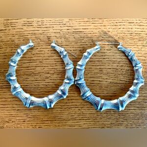 Bamboo Hoop Earrings Round Silver Tone 3 1/4”Hoops Hollow Lightweight